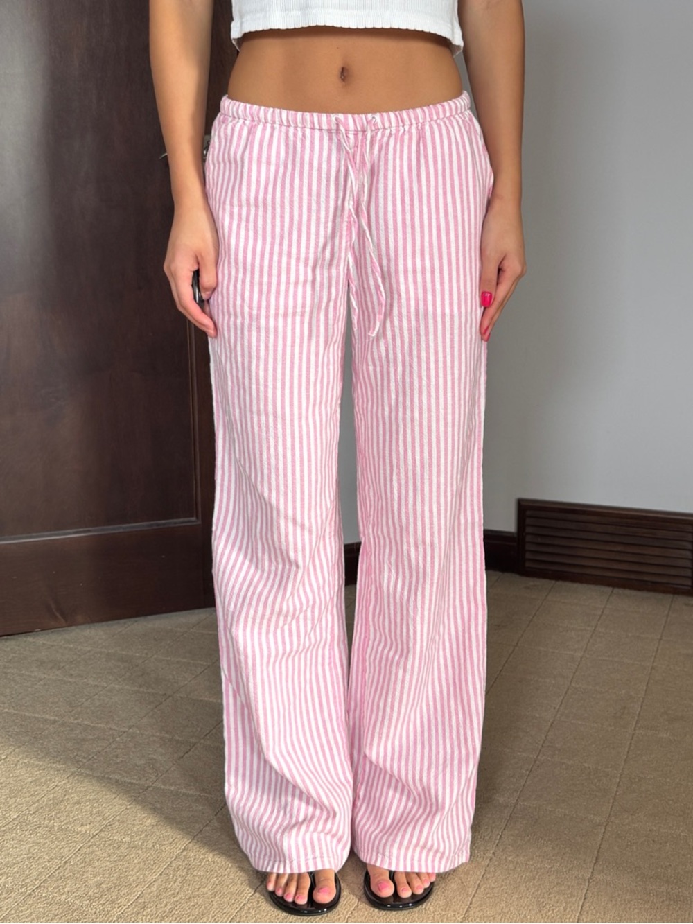 Low Rise Pink and White Striped Linen Pants